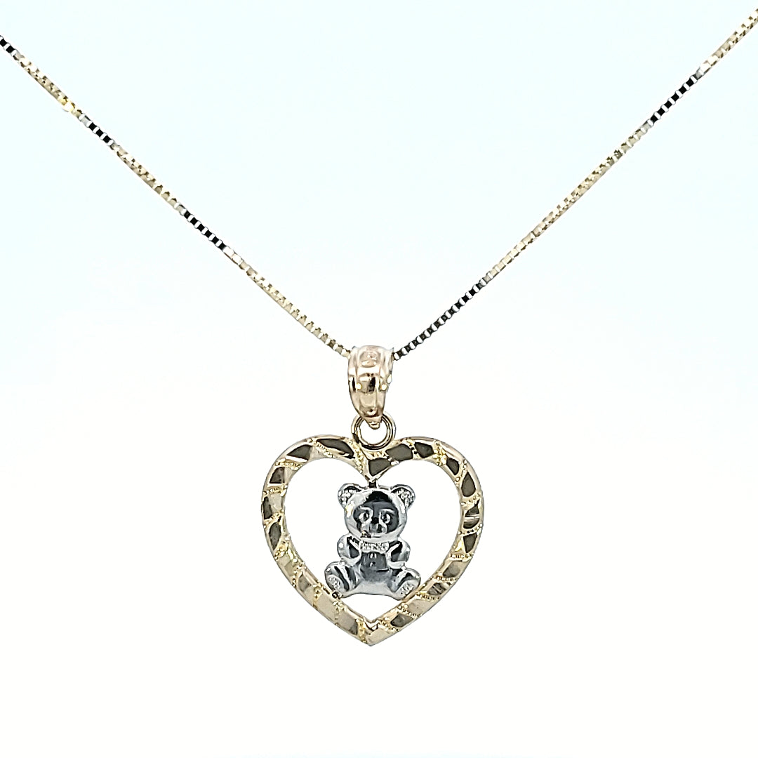 10K Solid Real Gold Valentine Two Tone Heart with Teddy Bear Charm/Pendant with Box Chain
