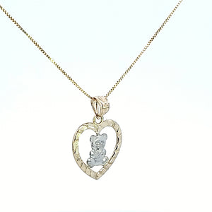 10K Solid Real Gold Valentine Two Tone Heart with Teddy Bear Charm/Pendant with Box Chain