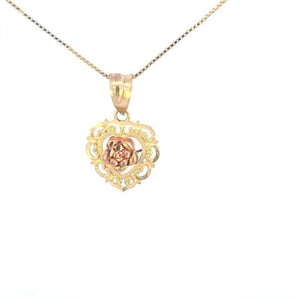 10K Real Gold Fancy TC Rose in Heart Charm with Box Chain