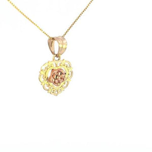 10K Real Gold Fancy TC Rose in Heart Charm with Box Chain