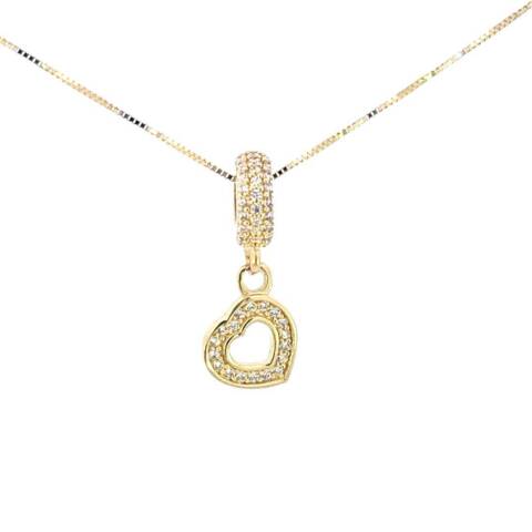 10K Real Gold CZ Divider Dangle Heart Charm with Box Chain