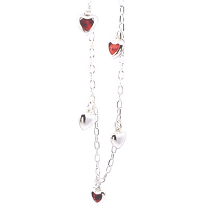 925 Sterling Silver (Italy) Hollow Fancy Paper Clip Anklet/Bracelet with Red CZ & White Puff Heart Charm