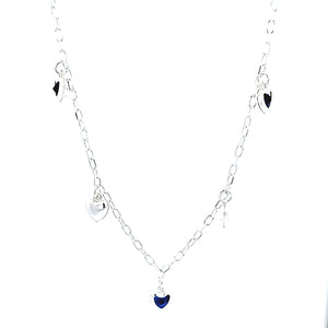 925 Sterling Silver (Italy) Hollow Fancy Paper Clip Anklet/Bracelet with Blue CZ & White Puff Heart Charm