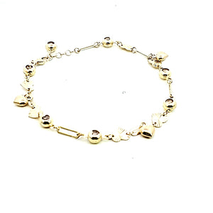 10K Real Gold Heart Charm W/Crystal Adj Fancy Bracelet (8")