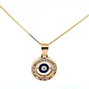 10K Real Solid Gold Evil Eye Round with CZ (Blue) Small Charm with Box Chain