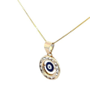 10K Real Solid Gold Evil Eye Round with CZ (Blue) Small Charm with Box Chain