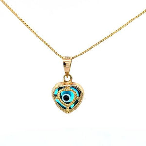 10k Real Solid Gold Evil Eye Heart (Blue) small Charm with Box Chain