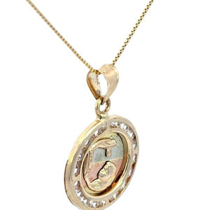 10K Real Gold Baptism Tricolor Round with CZ small Charm with Box Chain