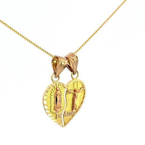 10K Real Two Tone Gold Guadalupe Jesus Heart Te-Amo Charm with Box Chain
