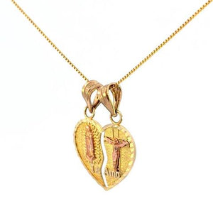 10K Real Two Tone Gold Guadalupe Jesus Heart Te-Amo Charm with Box Chain