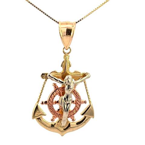 10K Real Gold Tri Color Jesus Anchor Big Charm with box Chain