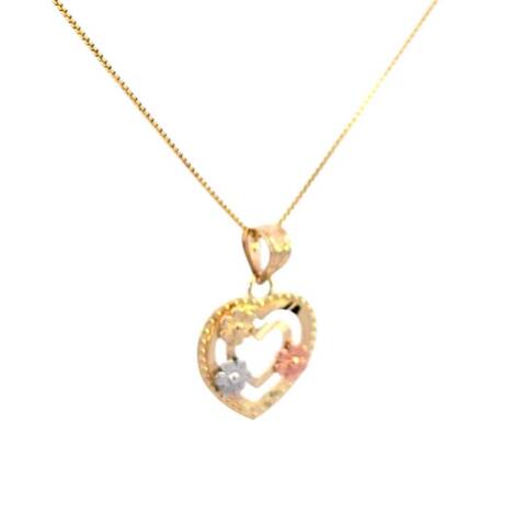 10K Real Gold Tri Color Heart with flowers Charm with Box Chain