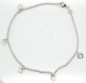 925 Sterling Silver (Italy) Hollow Fancy Paper Clip Anklet/Bracelet with 5 White Heart Charm
