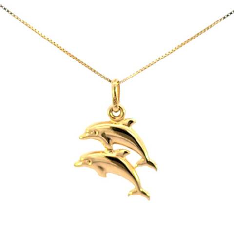 10K Real Gold Two Dolphins Charm with Box Chain