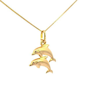 10K Real Gold Two Dolphins Charm with Box Chain