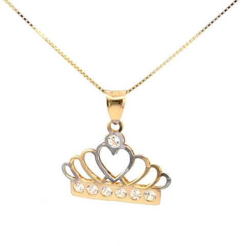 10K Real Gold Two Tone CZ Crown Charm with Box Chain