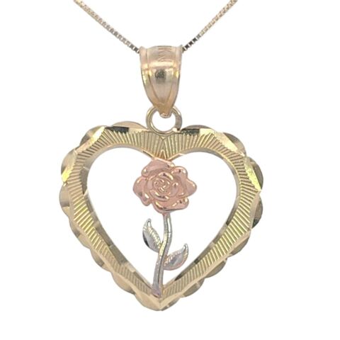 10K Real Gold Tri Color Rose Heart Charm with Box Chain