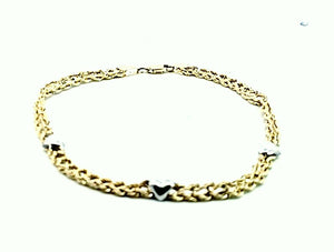 10K Real Gold Hollow Two Tone, Twin Rope With Heart Charm Fancy Bracelet