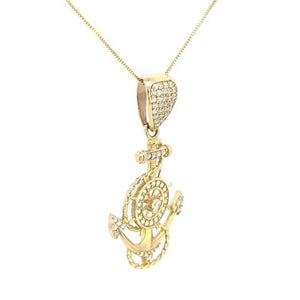 10K Real Gold Anchor and Wheel CZ Charm with Box Chain