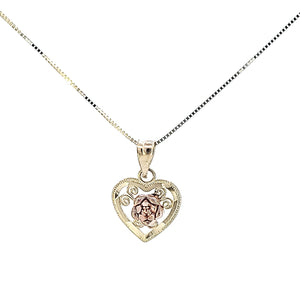 10K Solid Real Gold Valentine Tri Color Heart with Flower in Center Charm/Pendant with Box Chain