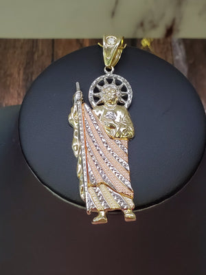 10K Solid Real Tri Color Gold Saint Jude Pendant Charm with Box Chain