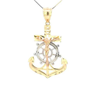 10K Real Gold Tricolor DC Anchor with Jesus Big Charm with Box Chain