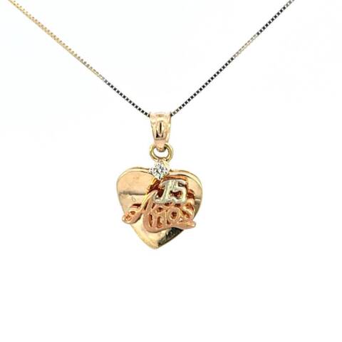 10K Real Gold Tricolor 15 Anos Heart CZ Small Charm with Box Chain