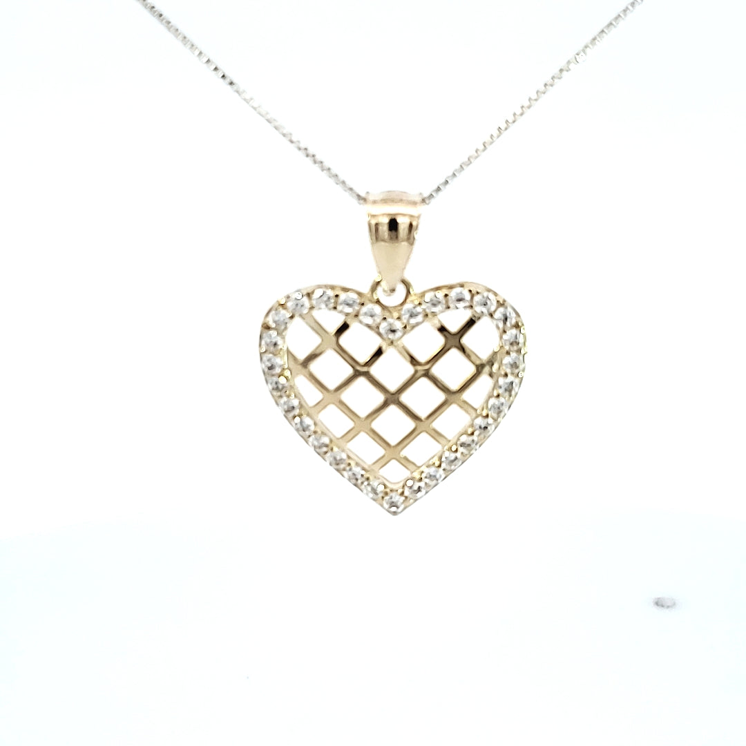10K Solid Real Gold Valentine's Day Heart Net CZ Charm/Pendant with Box Chain