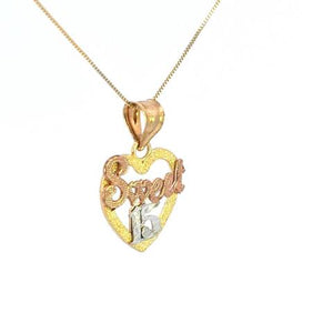 10K Real Gold Tricolor Sweet 15 Heart Charm with Box Chain