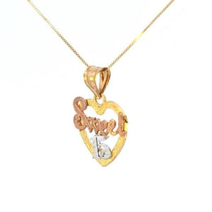 10K Real Gold Tricolor Sweet 15 Heart Charm with Box Chain