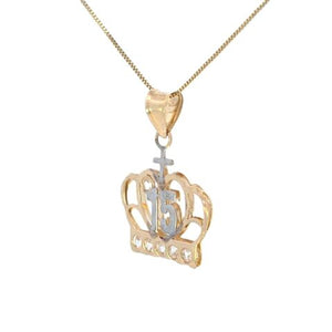 10K Real Gold Two-Tone 15 Anos Quinceanera Crown Tiara CZ Charm with Box Chain