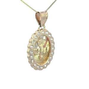 10K Real Gold Tri-Color CZ Hope Peace Oval Charm with Box Chain