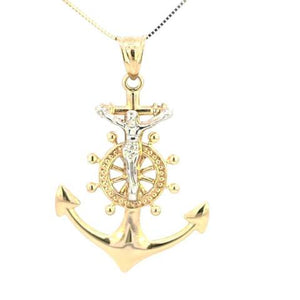10K Real Gold Two-Tone Double Sided Anchor Jesus Charm with Box Chain