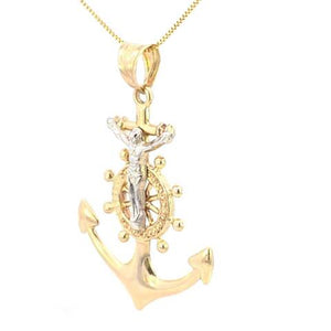 10K Real Gold Two-Tone Double Sided Anchor Jesus Charm with Box Chain