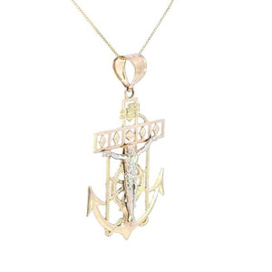10K Real Gold Two-Tone Anchor Crucifix Cross Jesus Charm with Box Chain