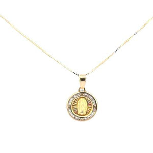 10K Real Gold TriColor Round Mother Mary CZ Small Charm with Box Chain