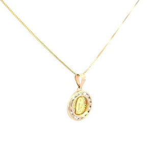 10K Real Gold TriColor Round Mother Mary CZ Small Charm with Box Chain