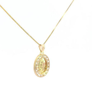 10K Real Gold Tricolor DC Oval Mother Mary CZ Small Charm with Box Chain