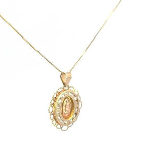 10K Real Gold Two-Tone Mother Mary Oval CZ Fancy Charm with Box Chain