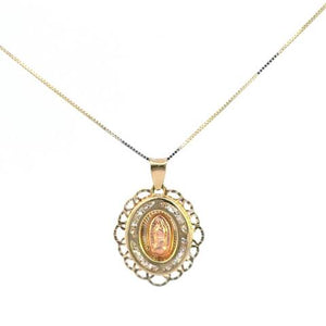 10K Real Gold Two-Tone Mother Mary Oval CZ Fancy Charm with Box Chain