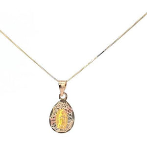 10K Real Gold Tri Color Tear Drop Mother Mary Small Charm with Box Chain
