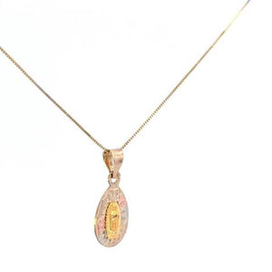 10K Real Gold Tri Color Tear Drop Mother Mary Small Charm with Box Chain