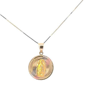 10K Real Gold Tri Color Round Mother Mary Medium Charm with Box Chain