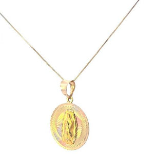 10K Real Gold Tri Color Round Mother Mary Medium Charm with Box Chain