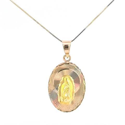 10K Real Gold TriColor Mother Mary Oval Medium Charm with Box Chain