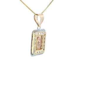 10K Real Gold Tri Color Square CZ Mother Mary Small Charm with Box Chain
