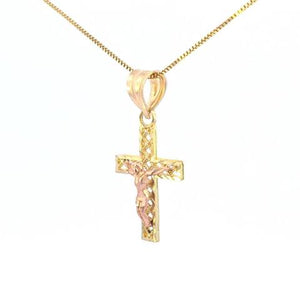 10K Real Gold Two-Tone Jesus Cross Small Charm with Box Chain