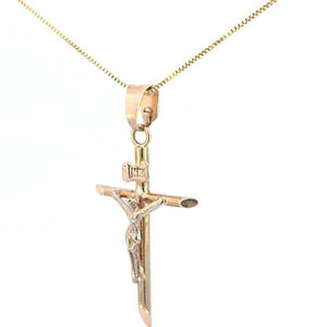 10K Real Gold Two-Tone "INRI" Jesus Tube Cross Charm with Box Chain