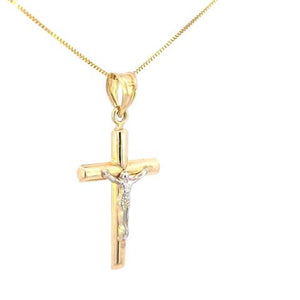 10K Real Gold Two-Tone Hollow Tube Cross with Jesus Medium Charm with Box Chain
