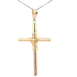 10K Real Gold Wire Wrapped Tube Cross Reversible Big Charm with Box Chain